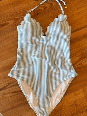 Jessica Simpson Blue and White Striped Scallop One-Piece Swimsuit